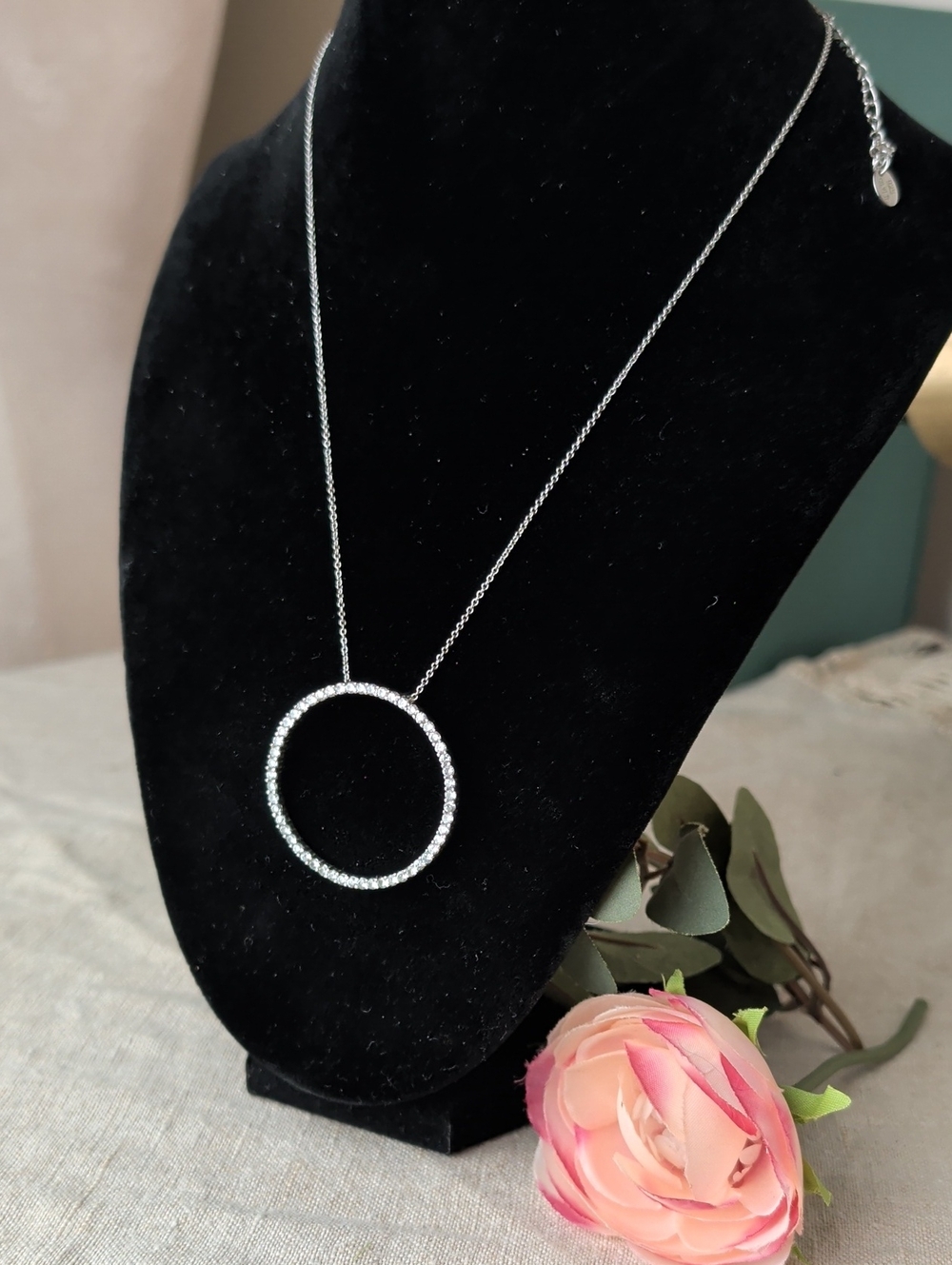 Sterling Silver CZ Circle Necklace 925  Pavé Eternity Karma Pendant Minimalist